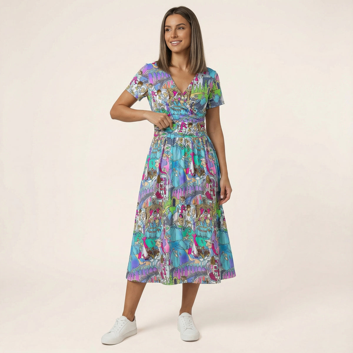 Glass Slipper Storybook Scenes - Women's V-Neck Ruched Midi Dress