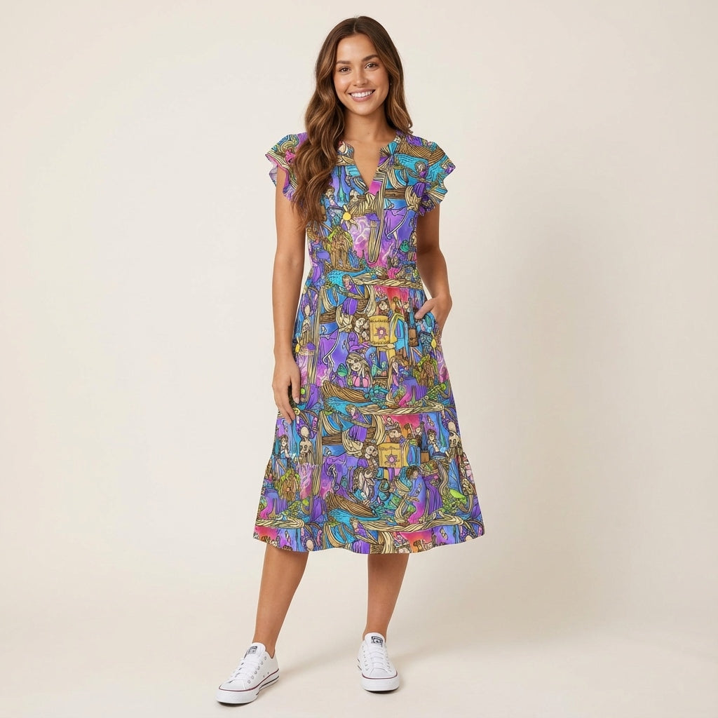 Golden Hair Storybook Scenes - Women's Tiered Pocket Midi Dress