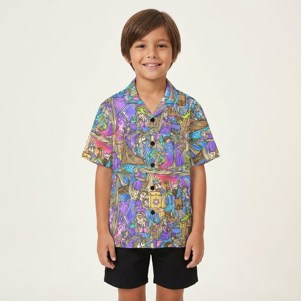 Golden Hair Storybook Scenes - Kid's Hawaiian Button Up Shirt