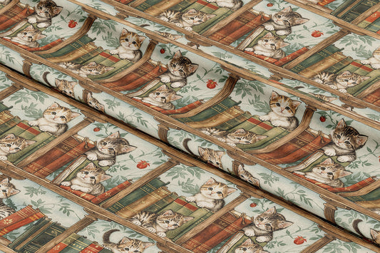 Cute Kittens on Bookshelves - Digital Seamless Pattern