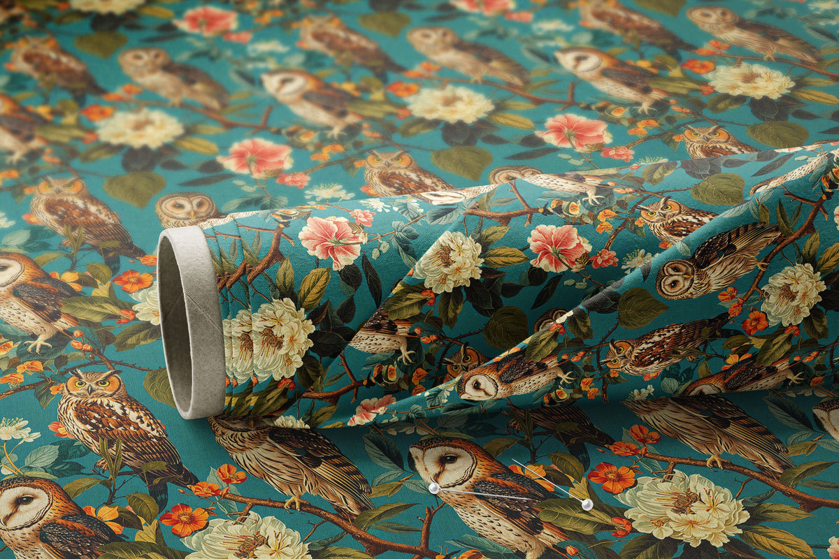 Owls and Florals on Teal - Digital Seamless Pattern