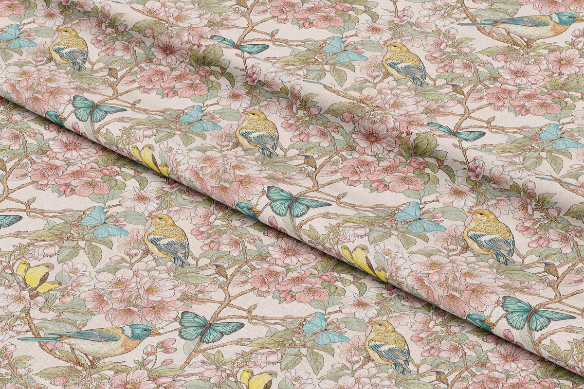 Vintage Birds and Cherry Blossoms - Digital Seamless Pattern