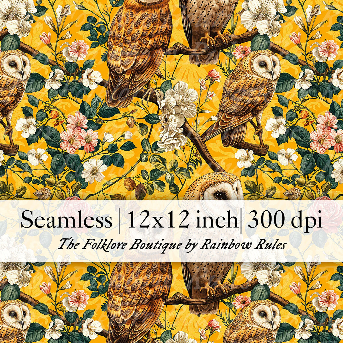 Vintage Owls and Florals on Yellow - Digital Seamless Pattern