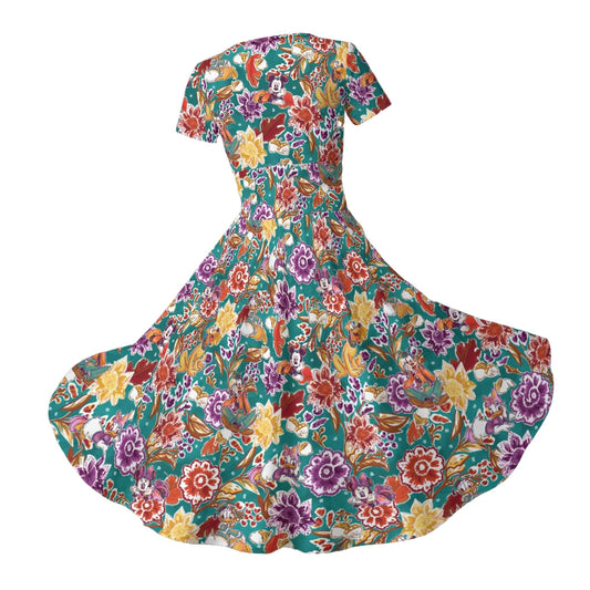Mouse and Friends Fall Garden - Women's V-Neck Ruched Midi Dress