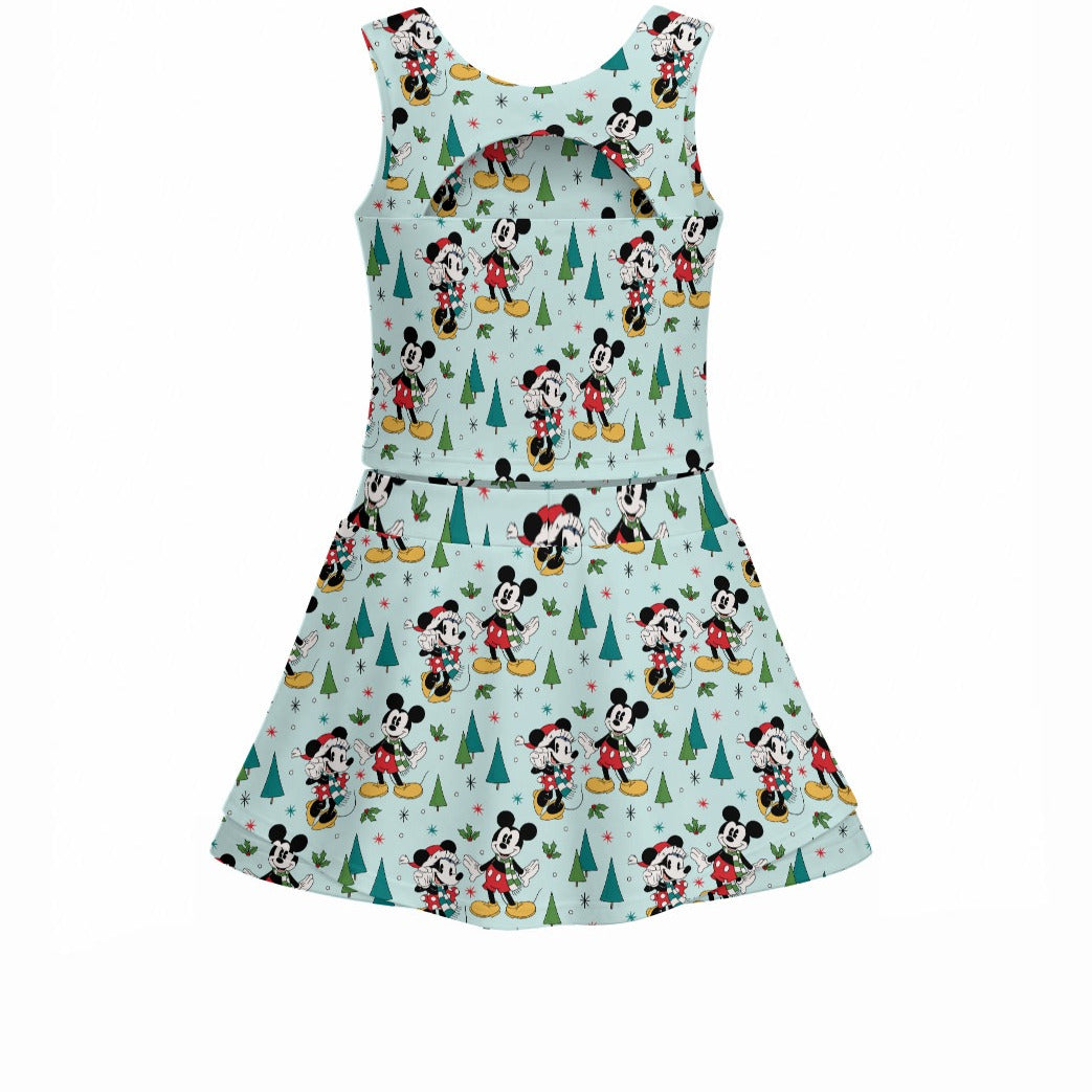 Mouse Friends Evergreen Stroll - Women’s Athletic Skort Set with Open-Back Crop Top