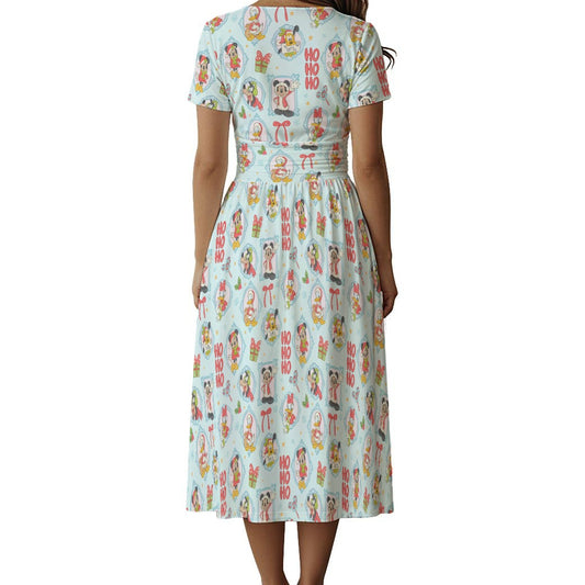 Holiday Character Ho Ho Cameos - Women's V-Neck Ruched Midi Dress