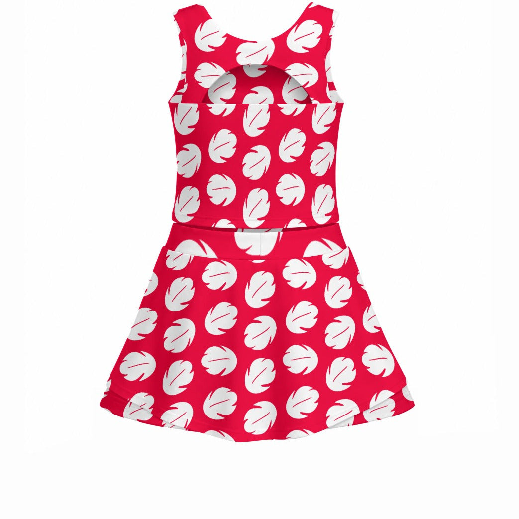 Island Leaf Print - Women’s Athletic Skort Set with Open-Back Crop Top