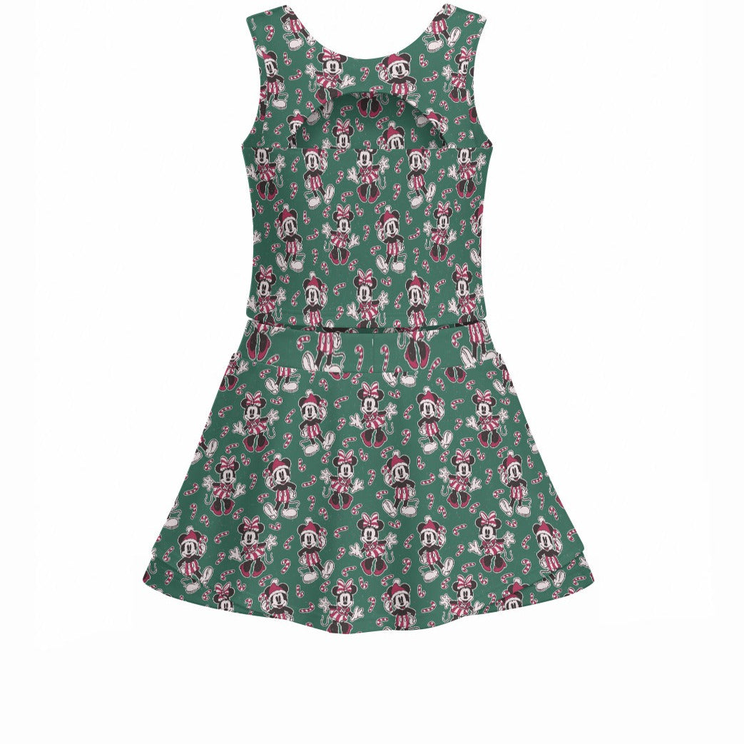 Mouse and Bow Peppermint Pals - Women’s Athletic Skort Set with Open-Back Crop Top