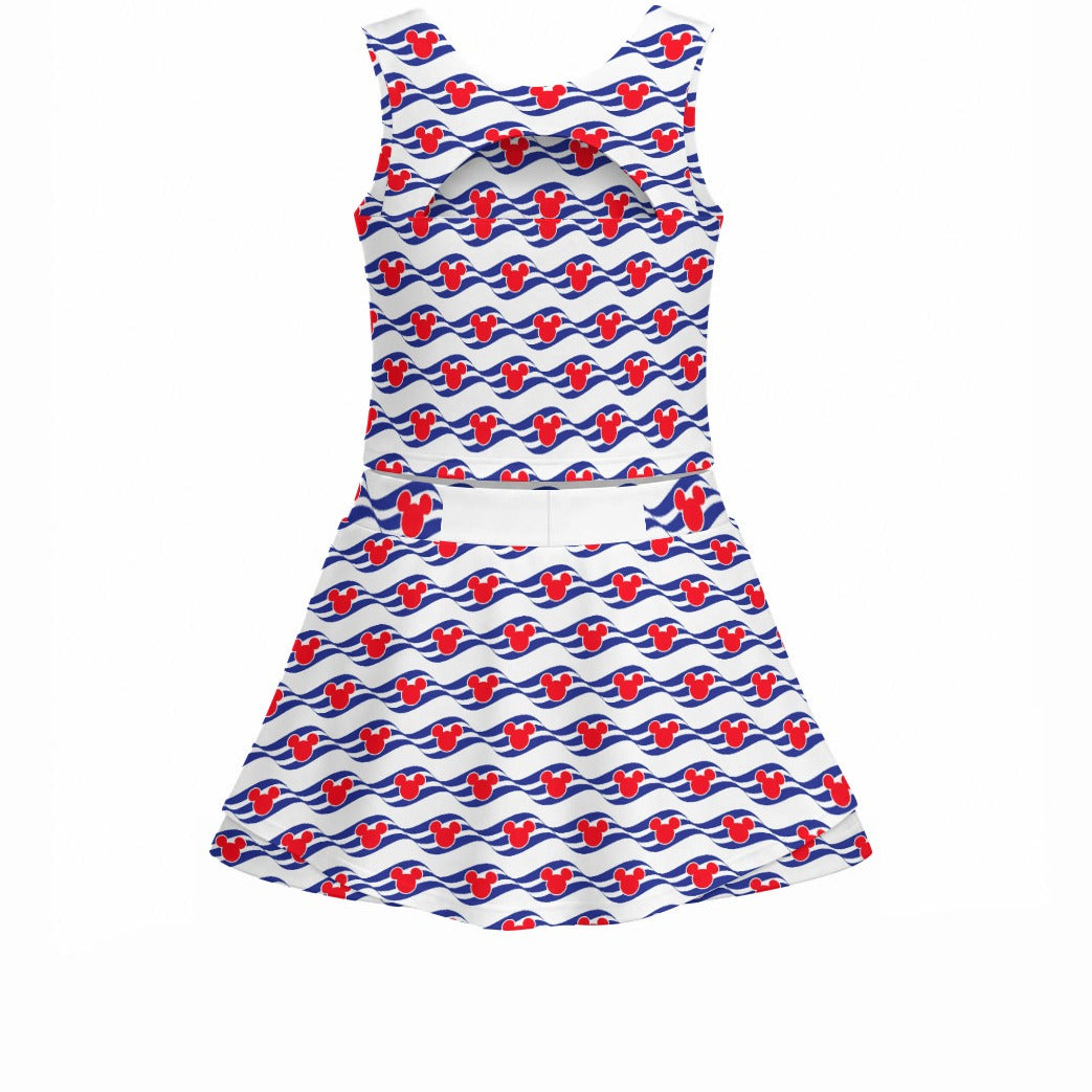 Nautical Cruise Logo Print - Women’s Athletic Skort Set with Open-Back Crop Top