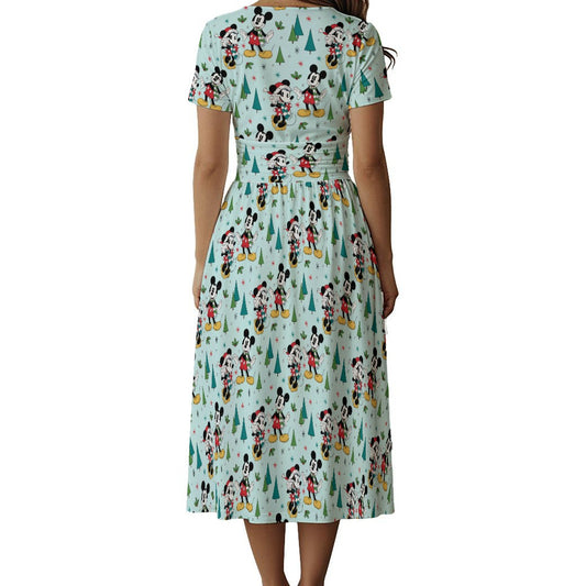 Mouse Friends Evergreen Stroll - Women's V-Neck Ruched Midi Dress