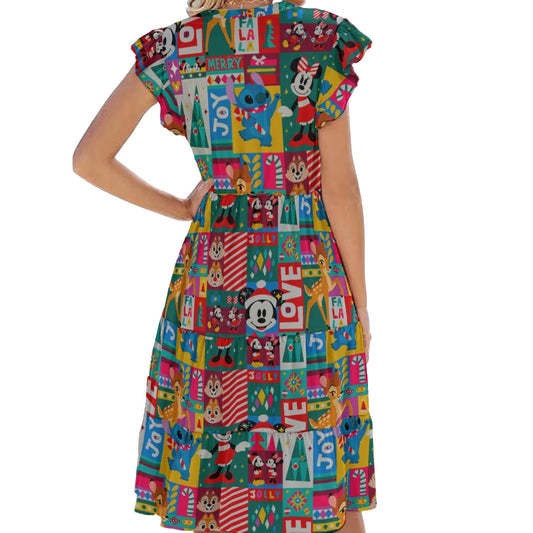Mouse Christmas Colorblock - Women's Tiered Pocket Midi Dress