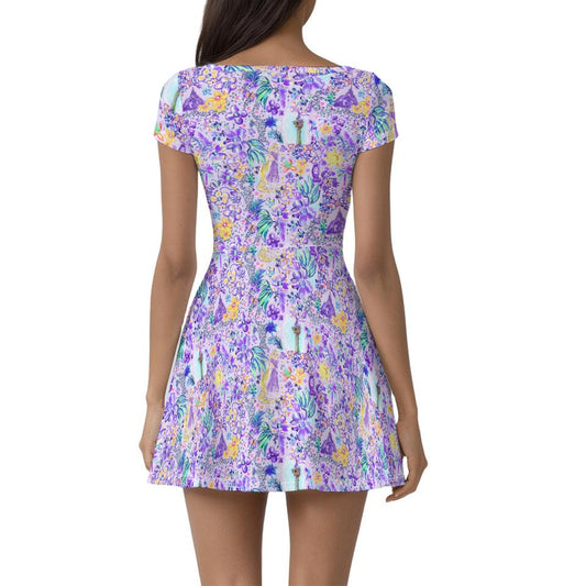 Bright Tropical Princess - Tower Light Festival - Women’s Short Sleeve Athletic Skater Dress with Built-In Shorts