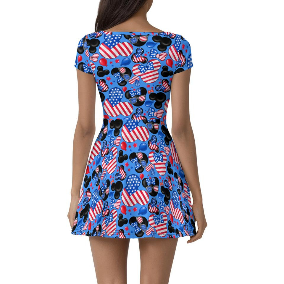 Mouse Fourth of July Celebration - Women’s Short Sleeve Athletic Skater Dress with Built-In Shorts