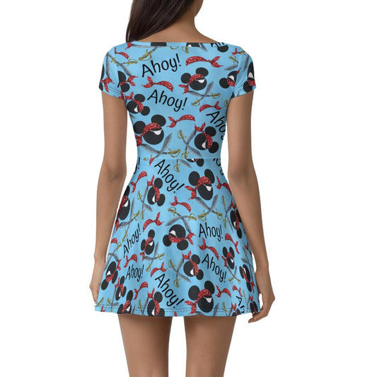 Pirate Mouse Ahoy! - Women’s Short Sleeve Athletic Skater Dress with Built-In Shorts