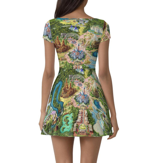 Colorful Theme Park Map - Women’s Short Sleeve Athletic Skater Dress with Built-In Shorts