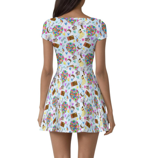 Up Adventure Icons - Women’s Short Sleeve Athletic Skater Dress with Built-In Shorts