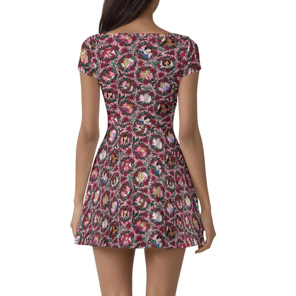 Poinsettia Princess Posse - Women’s Short Sleeve Athletic Skater Dress with Built-In Shorts