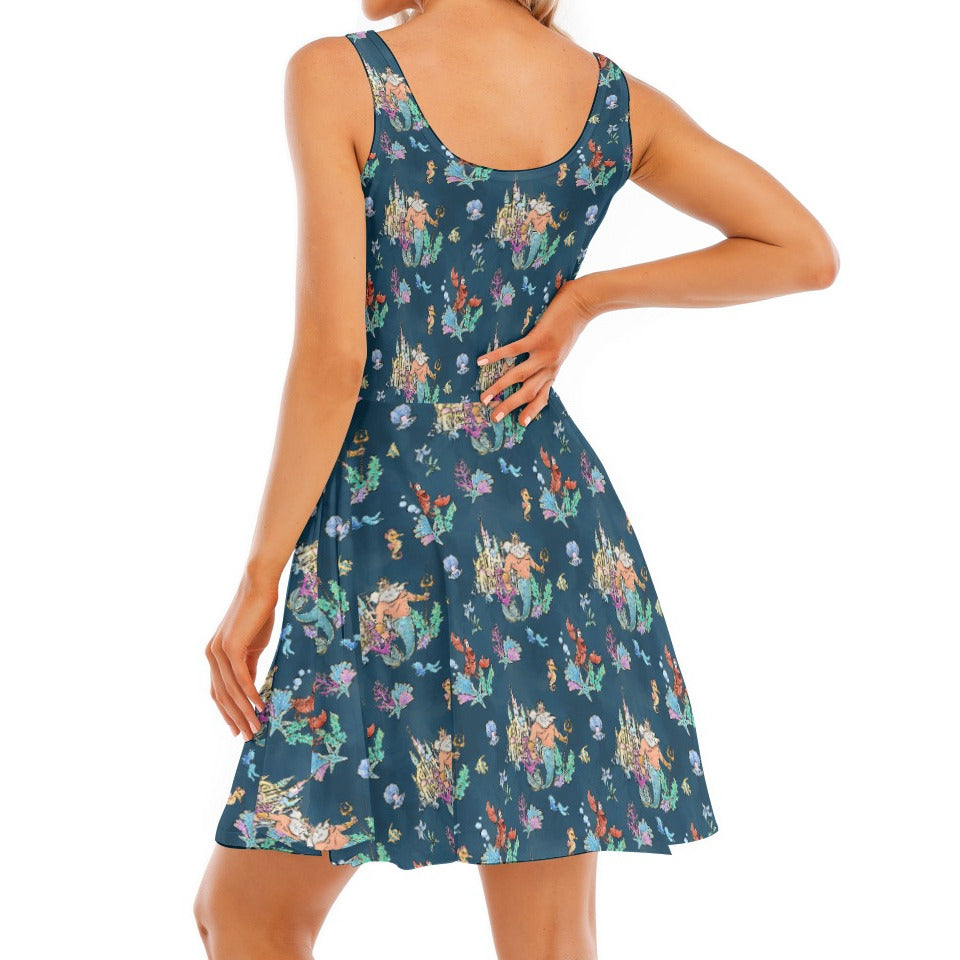 Whimsical Sea King and Crab - Women's Sleeveless Pocket Skater Dress