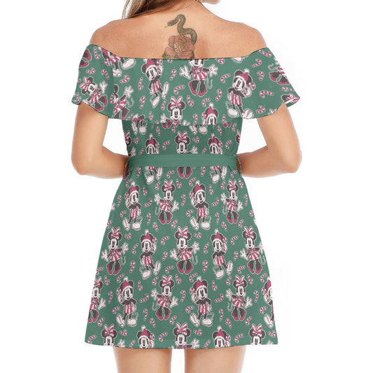 Mouse and Bow Peppermint Pals - Women's Off-shoulder Ruffle Dress