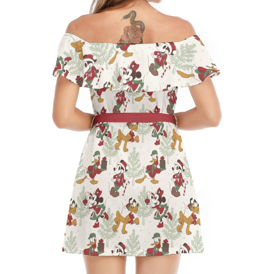 Classic Cartoon Crew Tinsel Trade - Women's Off-shoulder Ruffle Dress