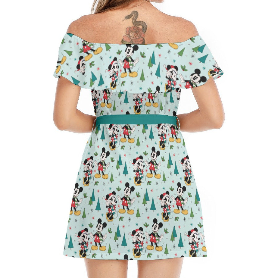 Mouse Friends Evergreen Stroll - Women's Off-shoulder Ruffle Dress