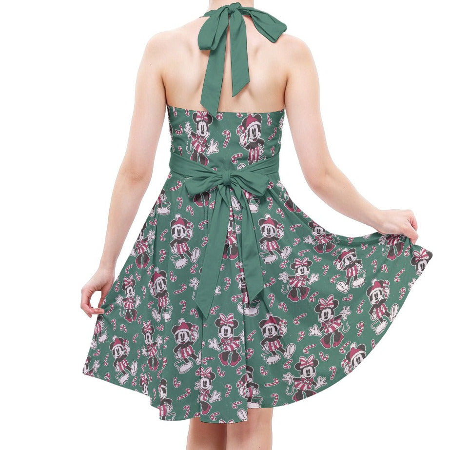 Mouse and Bow Peppermint Pals - Women's Halter Vintage Pocket Dress