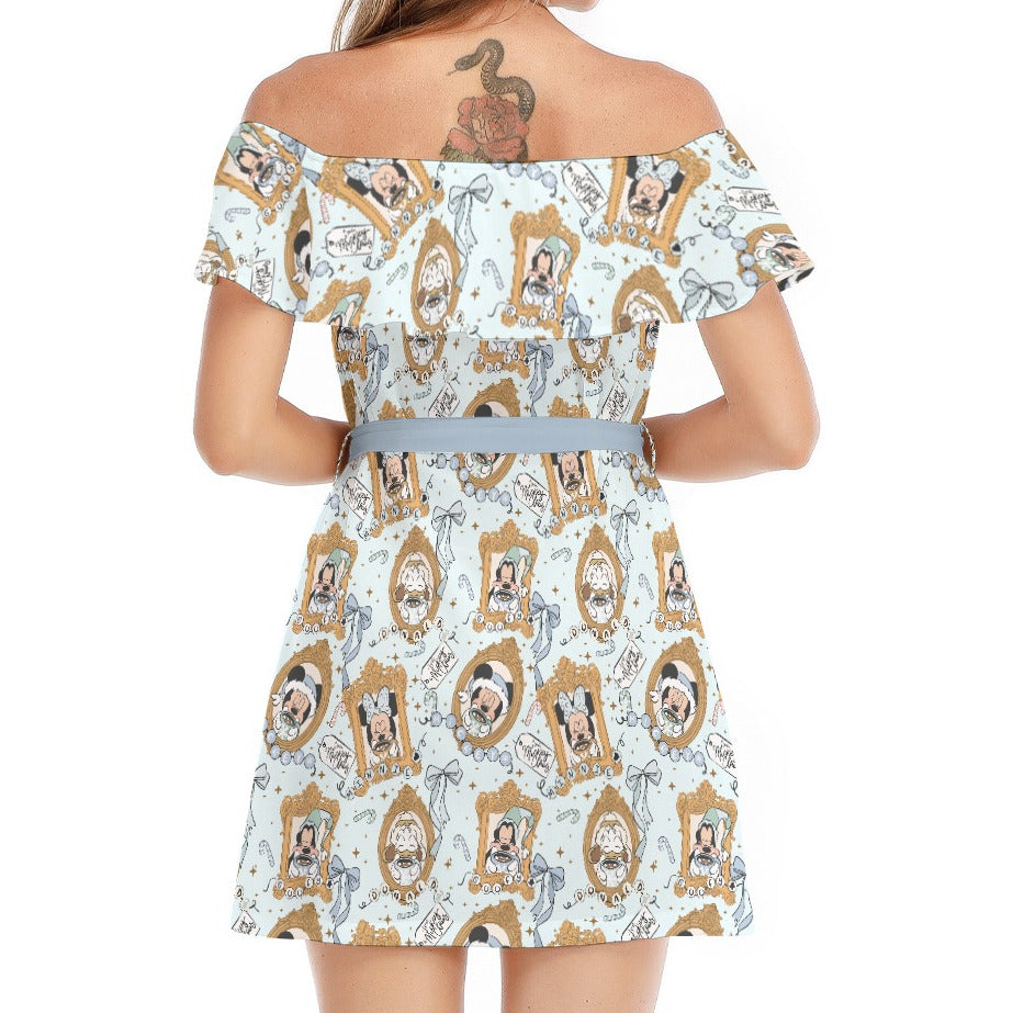 Classic Cartoon Merry Hot Coco - Women's Off-shoulder Ruffle Dress