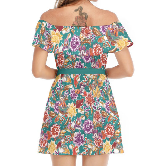 Mouse and Friends Fall Garden - Women's Off-shoulder Ruffle Dress