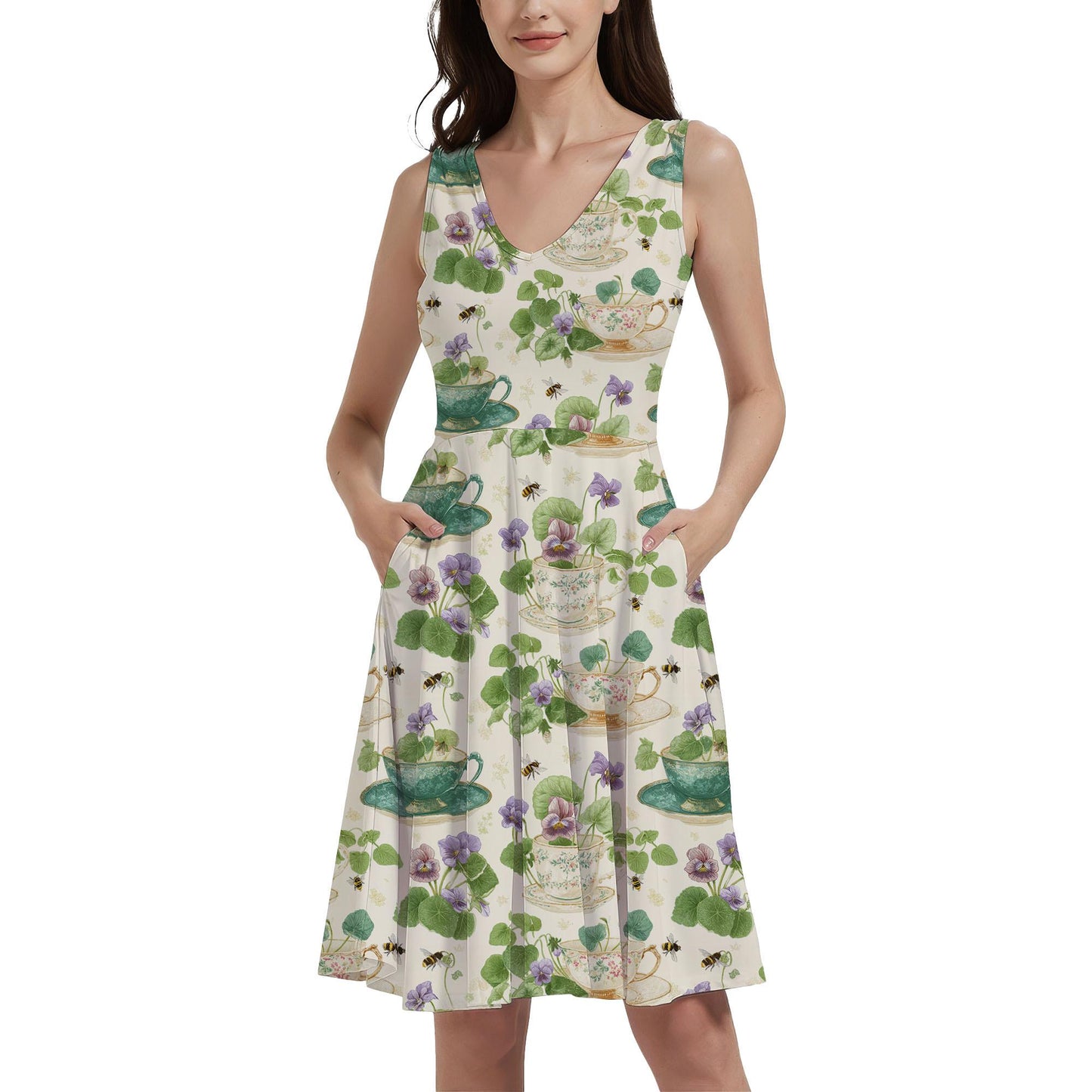 a woman wearing a dress with a flower pattern