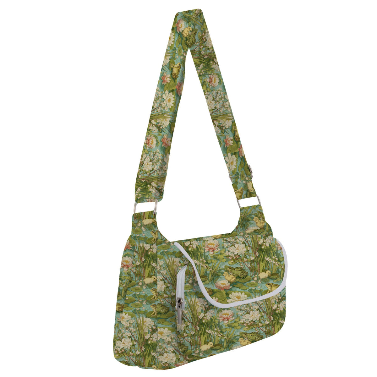 a green floral purse with a white strap