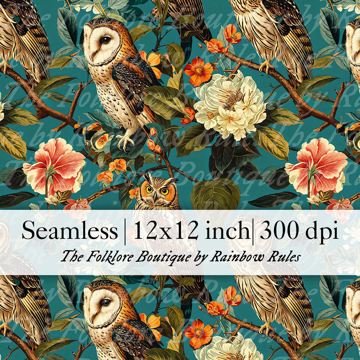 Owls and Florals on Teal - Digital Seamless Pattern