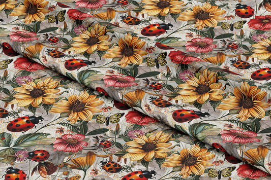 Vintage Ladybird Florals on Grey - Digital Seamless Pattern