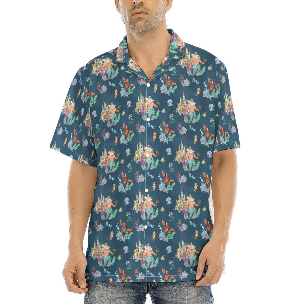 Whimsical Sea King and Crab - Men's Hawaiian Button Up Shirt
