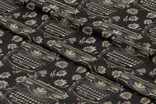 Vintage Typewriters and Monochrome Florals - Digital Seamless Pattern