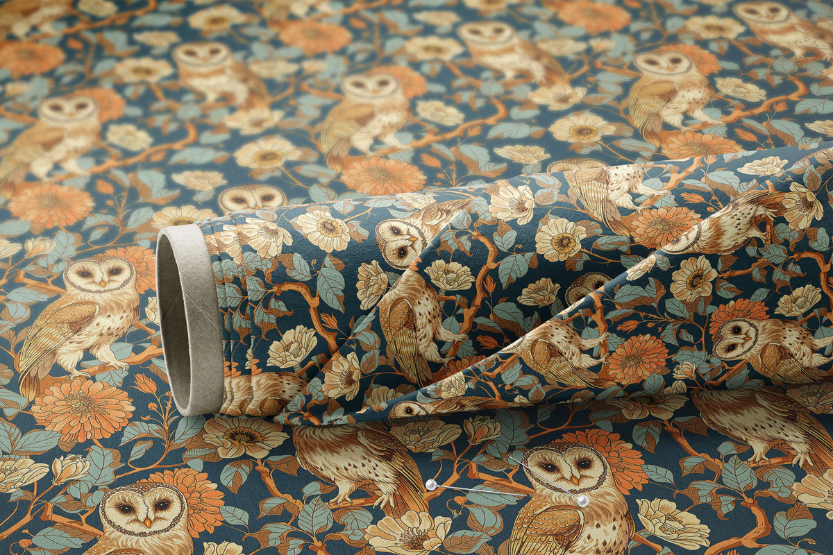 Owls and Florals on Blue - Digital Seamless Pattern
