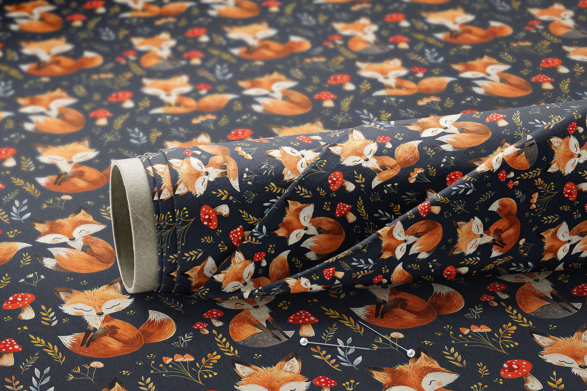 Fox and Mushrooms on Navy - Digital Seamless Pattern