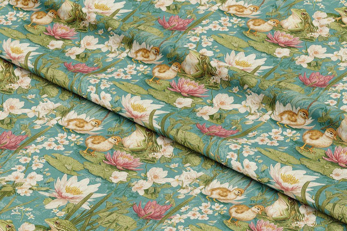 a green floral print fabric with white and pink flowers