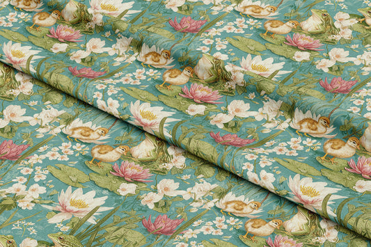 a green floral print fabric with white and pink flowers