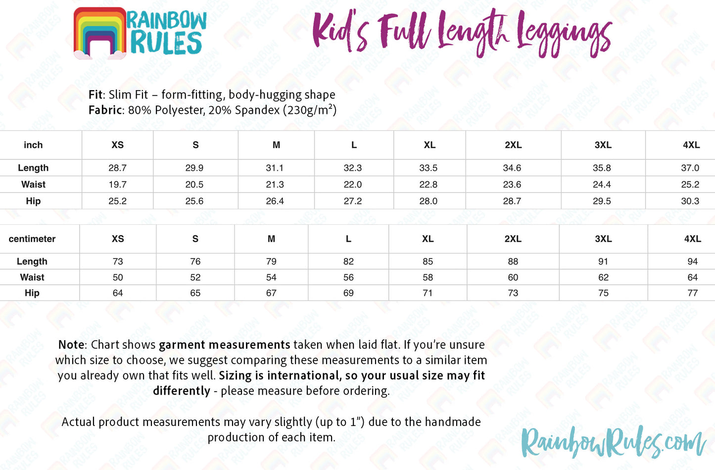 the size chart for the rainbow rules kids full length leggings