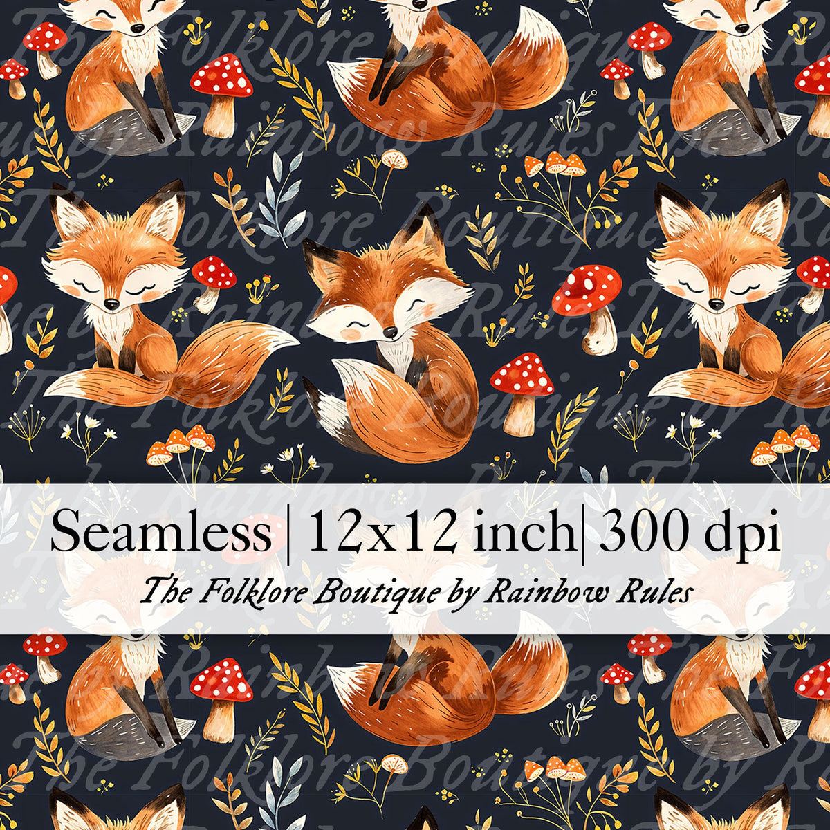 Fox and Mushrooms on Navy - Digital Seamless Pattern