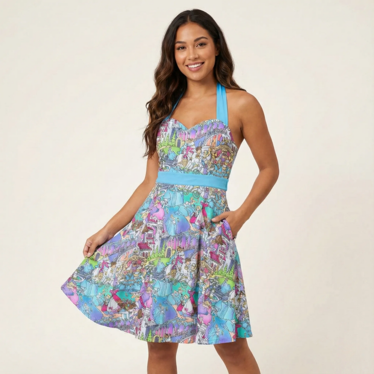 Glass Slipper Storybook Scenes - Women's Halter Vintage Pocket Dress