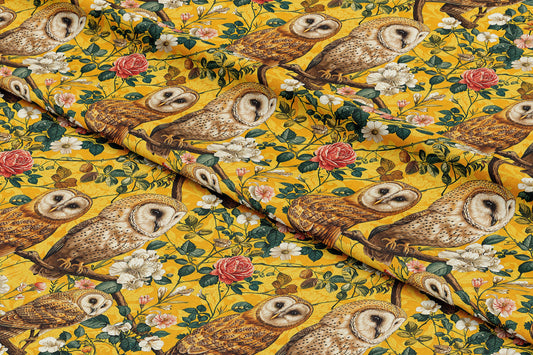 Vintage Owls and Florals on Yellow - Digital Seamless Pattern