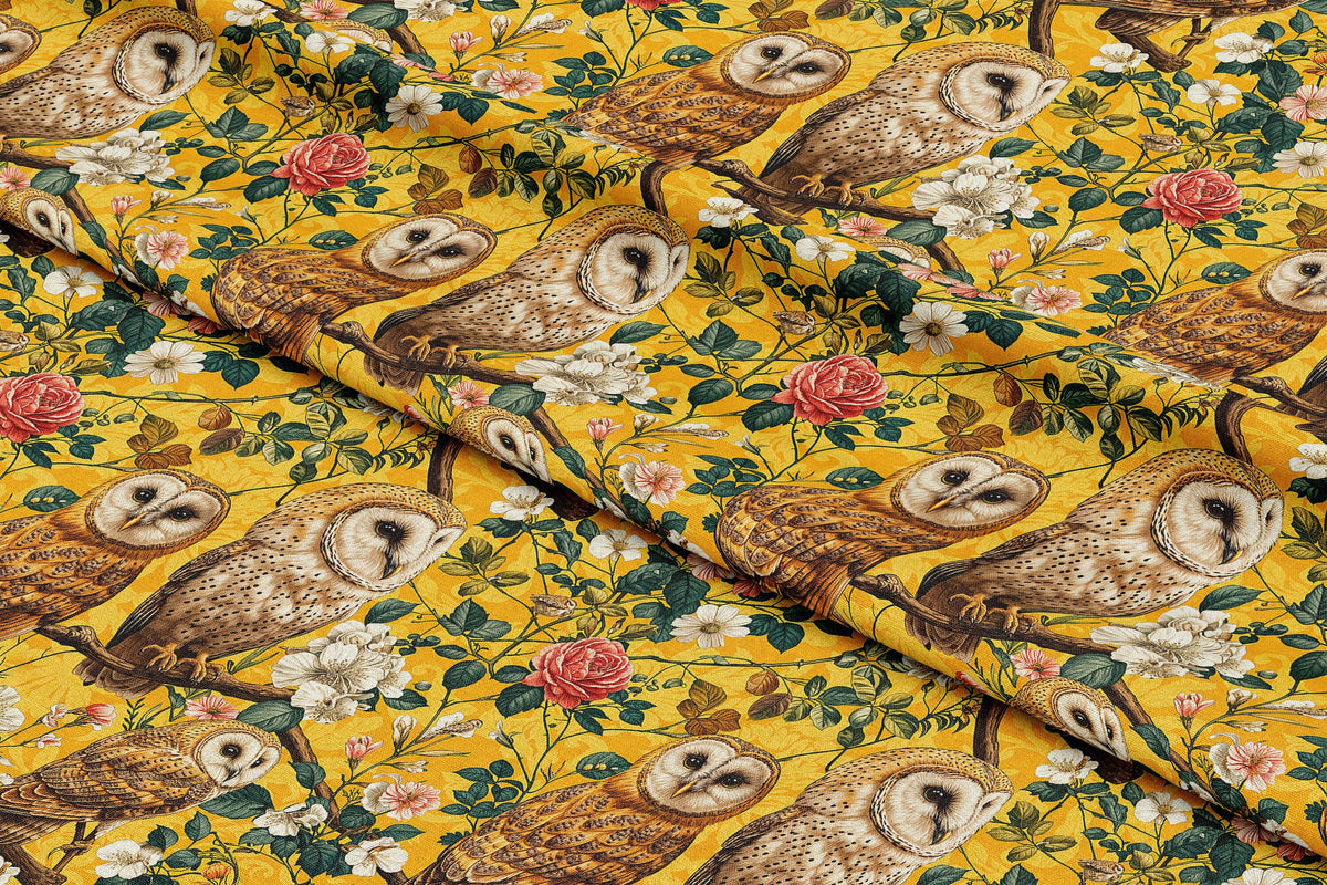 Vintage Owls and Florals on Yellow - Digital Seamless Pattern