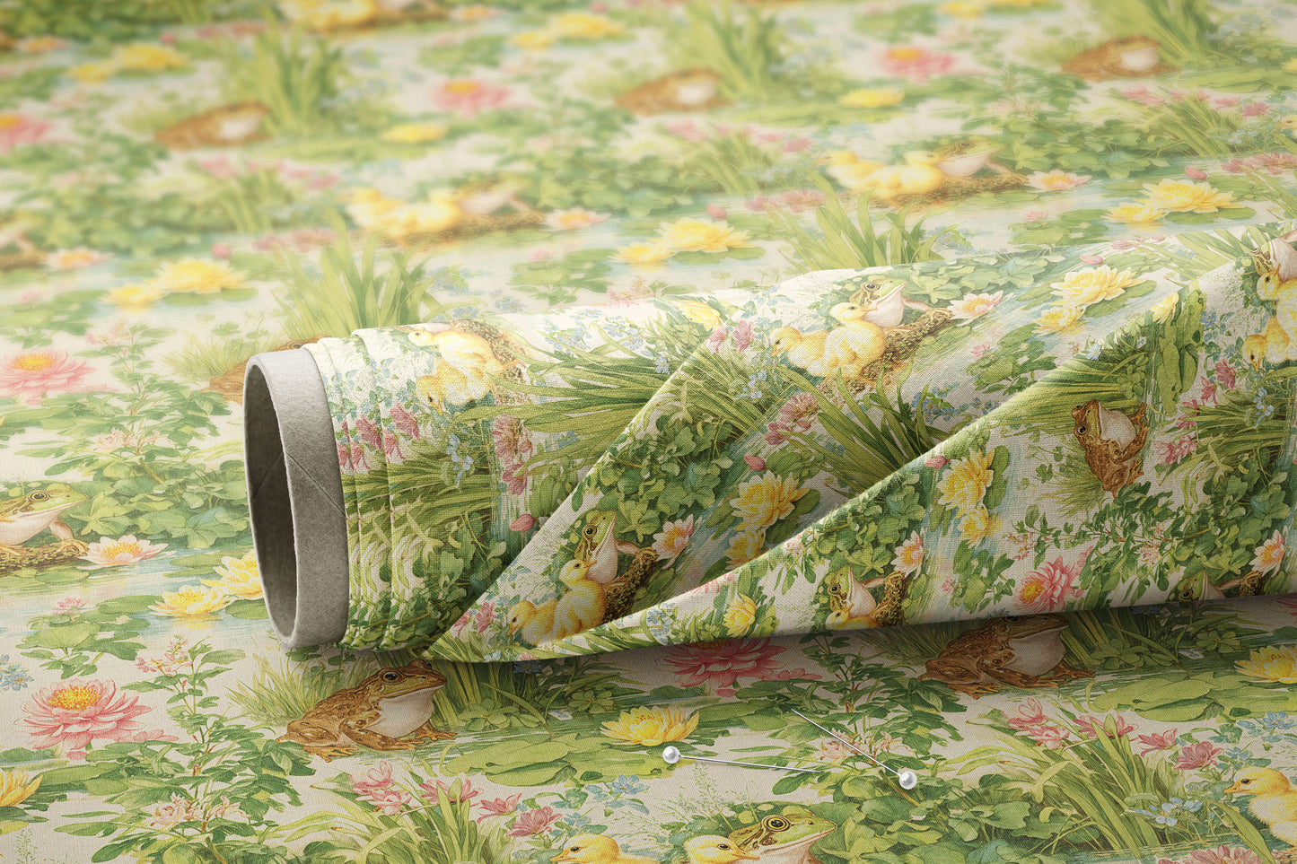 Lily Pond Ducklings and Frogs - Digital Seamless Pattern