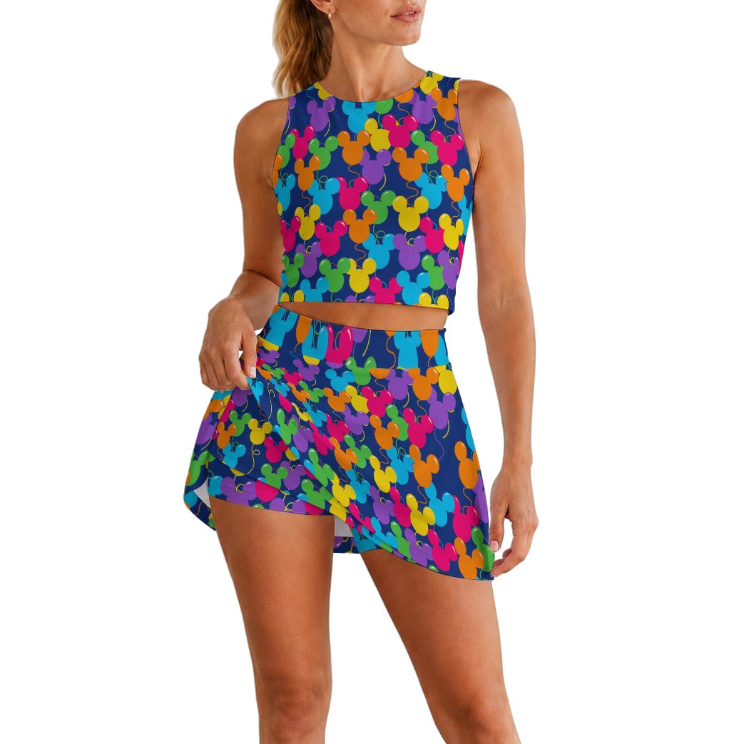 Bright Mouse Ear Balloons - Women’s Athletic Skort Set with Open-Back Crop Top