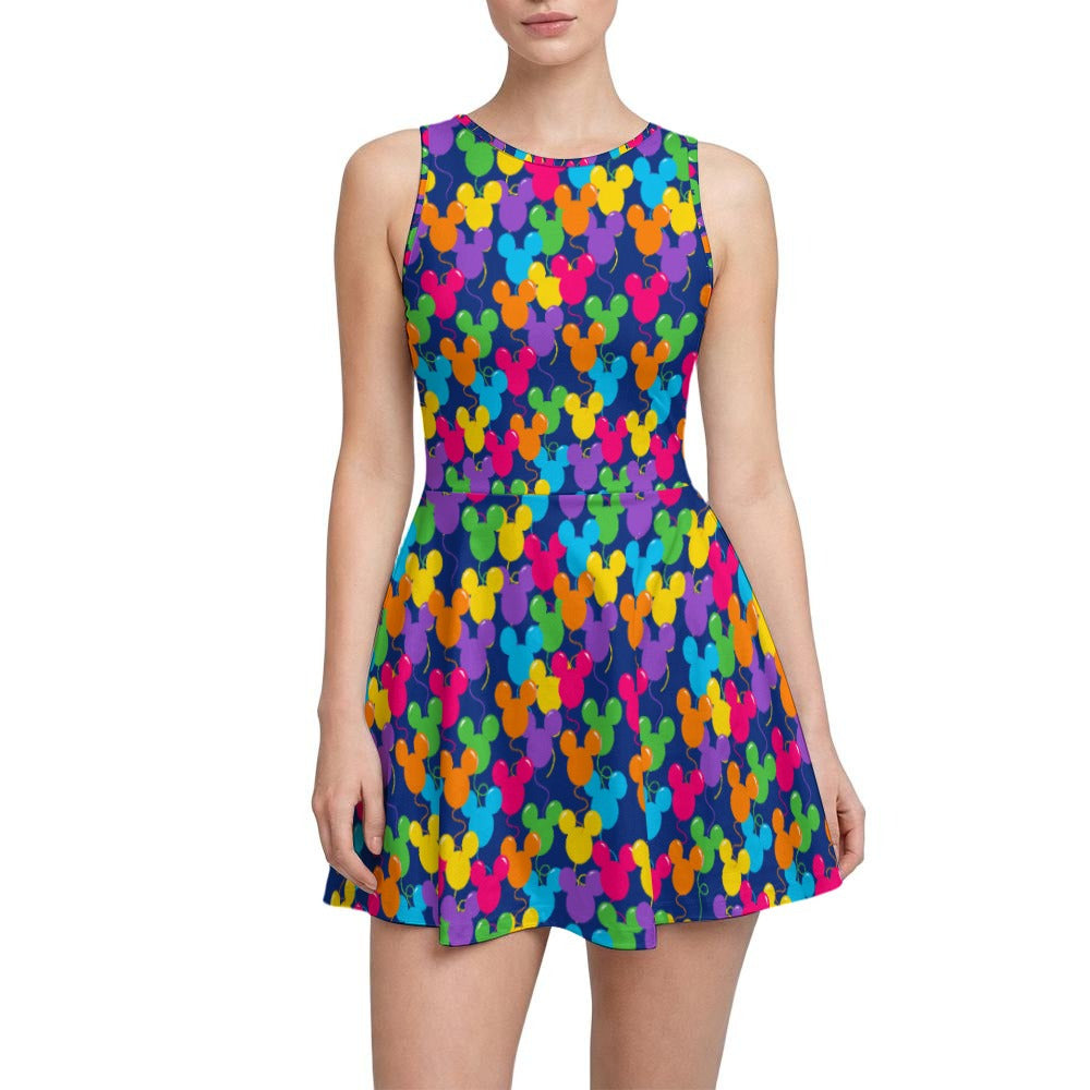 Bright Mouse Ear Balloons - Women’s Sleeveless Athletic Skater Dress with Built-In Shorts