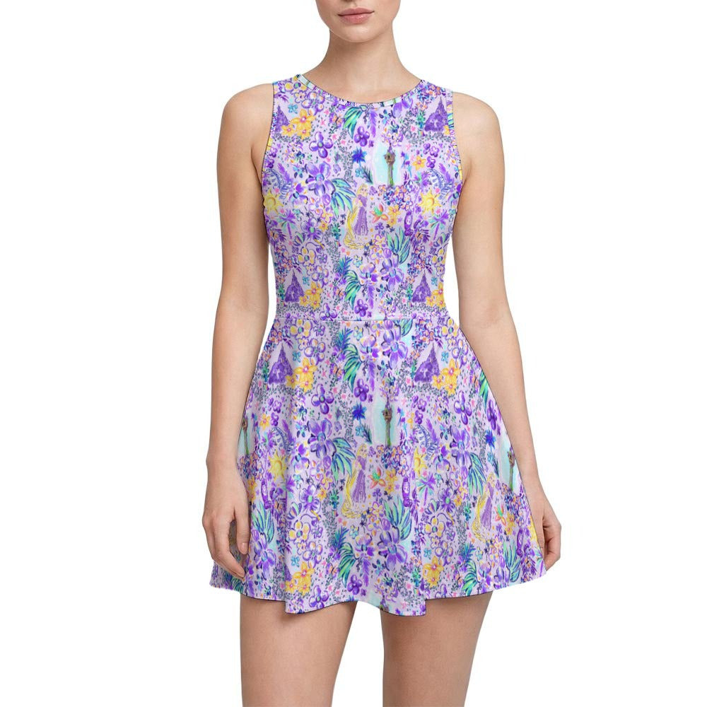 Bright Tropical Princess - Tower Light Festival - Women’s Sleeveless Athletic Skater Dress with Built-In Shorts