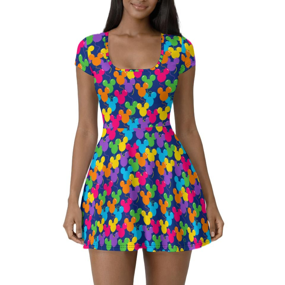 Bright Mouse Ear Balloons - Women’s Short Sleeve Athletic Skater Dress with Built-In Shorts