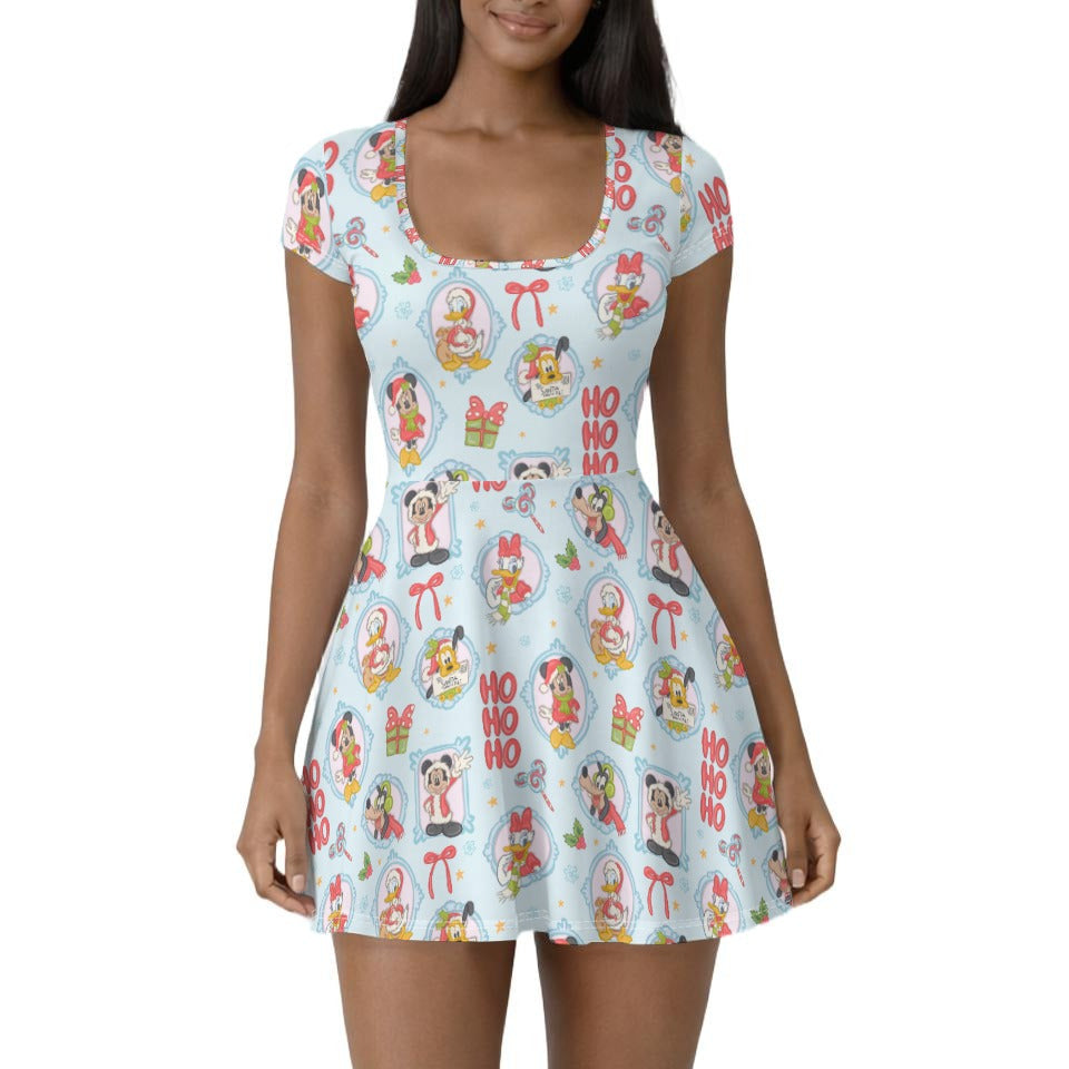Holiday Character Ho Ho Cameos - Women’s Short Sleeve Athletic Skater Dress with Built-In Shorts