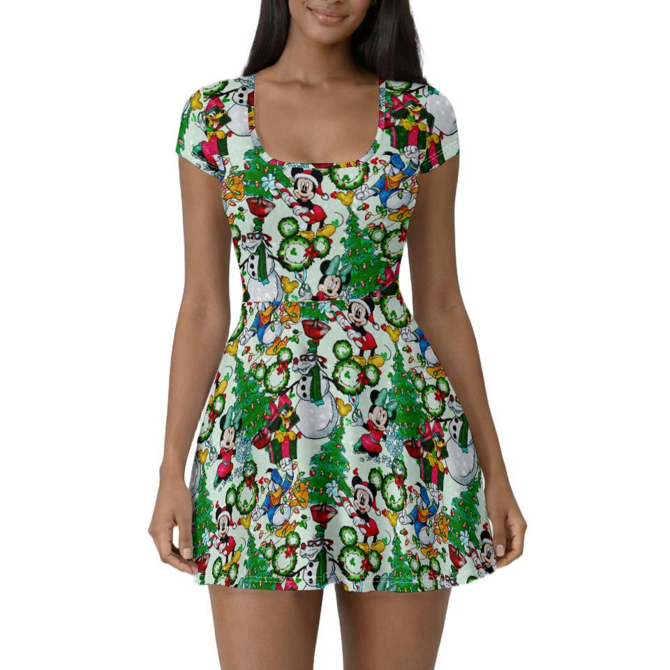 Mouse Friends Christmas Decorations - Women’s Short Sleeve Athletic Skater Dress with Built-In Shorts